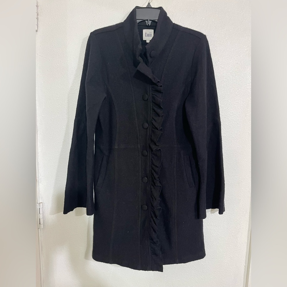 Luii black 100% wool coat dress jacket button down front sz L